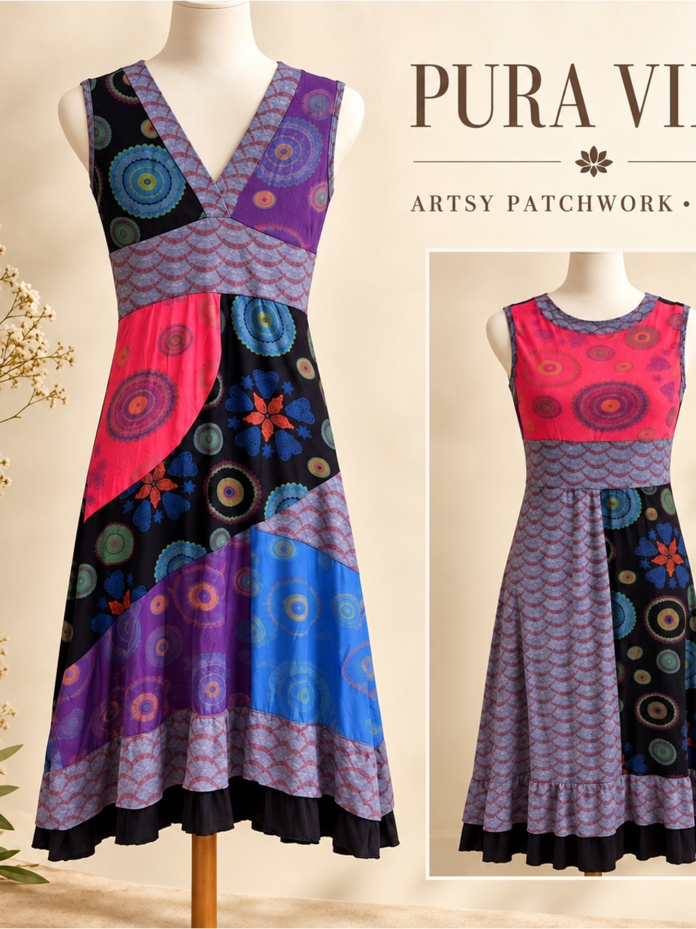 Pura Vida Multicolor Patchwork V-Neck Midi Dress — Pink, Purple, Blue, Black